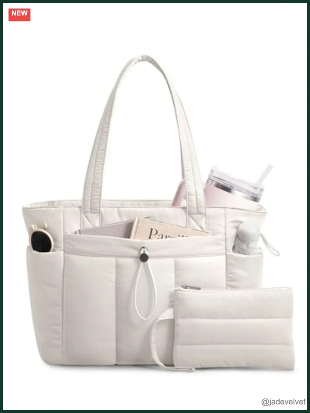Puffy Tote Bag with Cup Holder & Laptop Compartment, Travel Work Bag